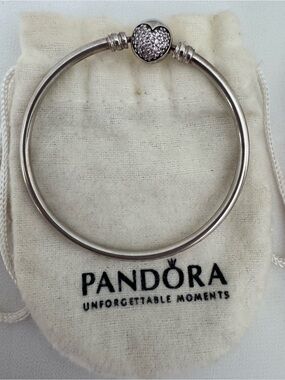 Classic Pandora Pink Pavé Heart Clasp Charm Bangle Bracelet